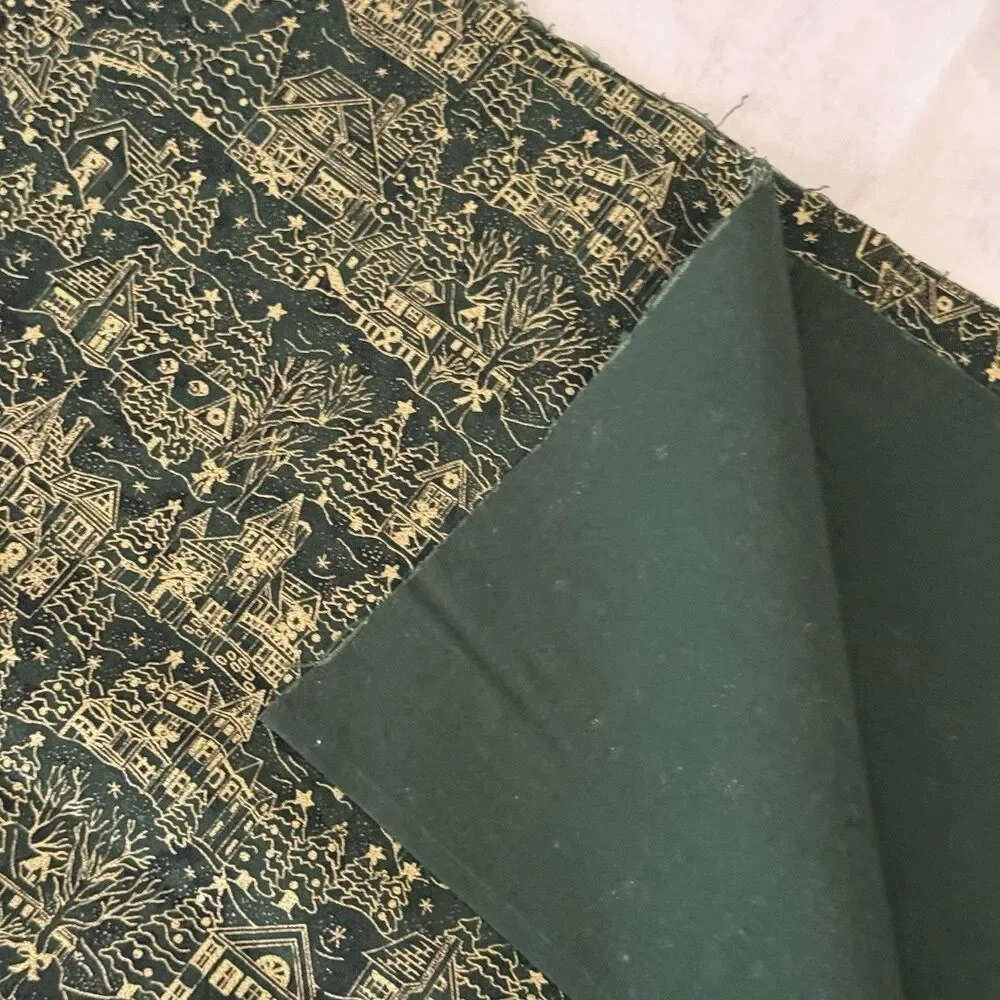 Vtg 50s Xmas Houses Village Gold Metallic Green Cotton Quilt Fabric 1yd x 40.5W